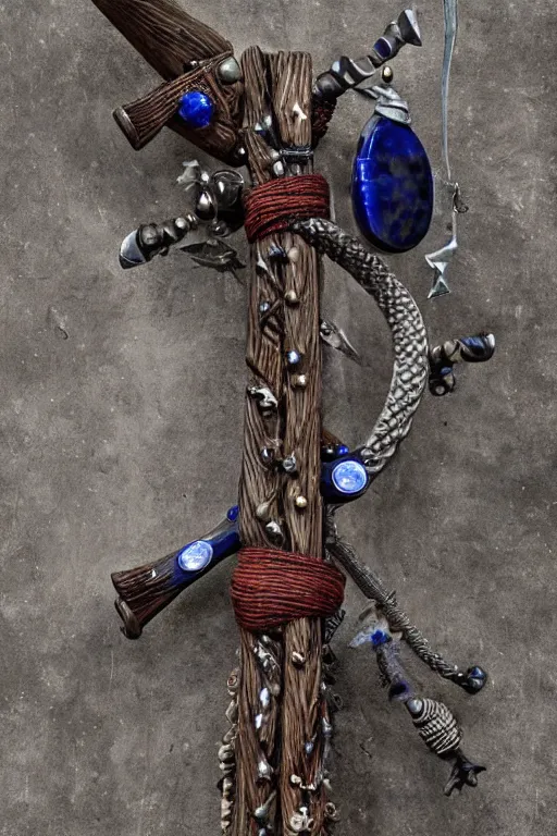 Prompt: a steel axe, all craftsdwarfship is of the highest quality. it is encrusted with blue garnet and encircled with bands of rope reed. this object is adorned with hanging rings of obsidian and menaces with spikes of leather, bone, and iron. on the item is an image of an elf in frog demon bone.