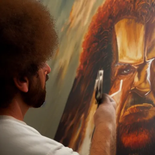 Image similar to a closeup photorealistic photograph of bob ross painting an image of iron man on a large canvas. mountains and trees. film still. brightly lit scene. this 4 k hd image is trending on artstation, featured on behance, well - rendered, extra crisp, features intricate detail, epic composition and the style of unreal engine.