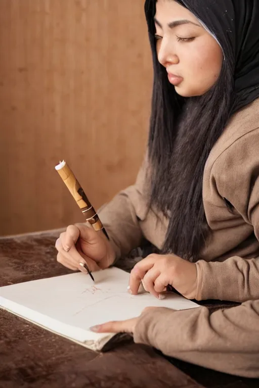 Prompt: Diwani calligrapher shy woman with brown hair in beige hoodie writing on magical paper bamboo pen sparks of it fantasy