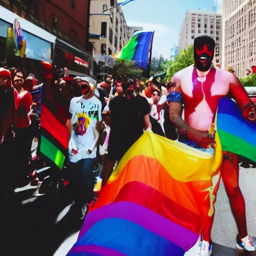 Prompt: Photo of Ghostface from Scream at a gay pride parade, 8k,