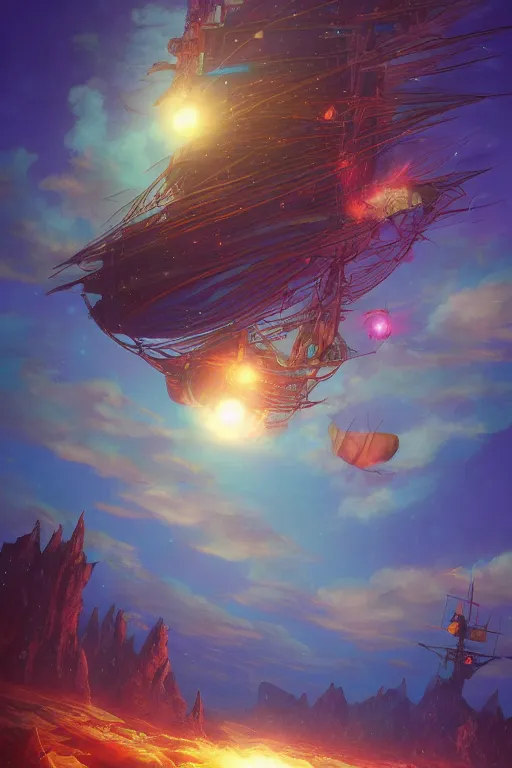 Prompt: spelljammer flying through phlogiston, 4 k digital paint by studio ghibli hayao miyazaki. vivid colours, vaporwave lighting style, very sharp and detailed. trending on artstation and behance.