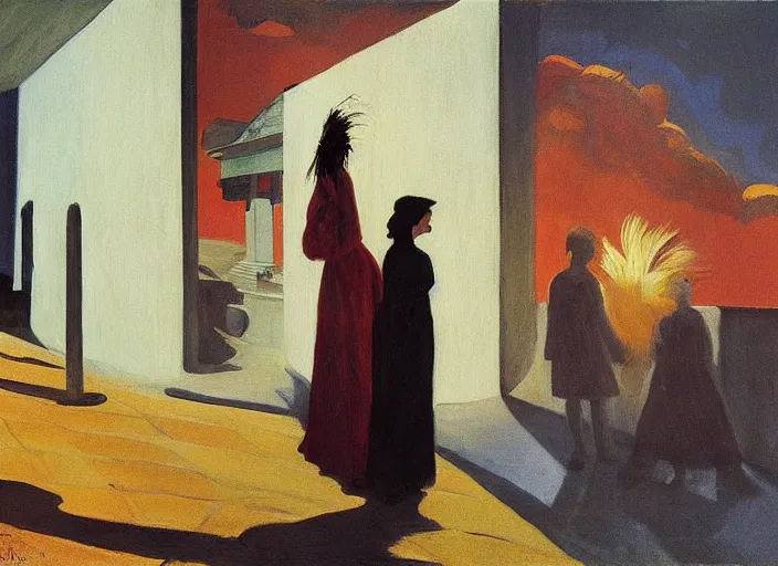 Prompt: painting, young lovers holding hands walking by river, she's wearing rags and feathers from salvation army counters, and the sun pours down like honey on our lady of the harbor church in montreal, by paula rego, by neo rauch, by edward hopper