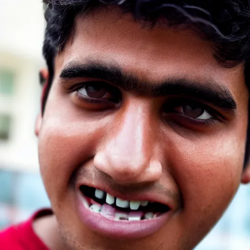 Prompt: close - up portrait photograph of a large teenage indian male with black eyes, a big mouth, a messy stubble and short touselled black hair, highly detailed, anatomically correct features,