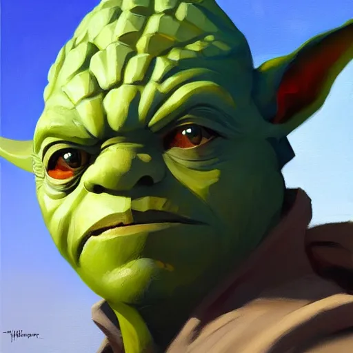 Image similar to greg manchess portrait painting of armored yoda as overwatch character, medium shot, asymmetrical, profile picture, organic painting, sunny day, matte painting, bold shapes, hard edges, street art, trending on artstation, by huang guangjian and gil elvgren and sachin teng