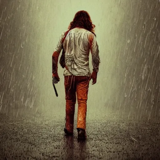 Image similar to hippie walking in the rain, incredible detail, character concept art, fineline detail, cinematic quality, high octane, drum scanner, vray render