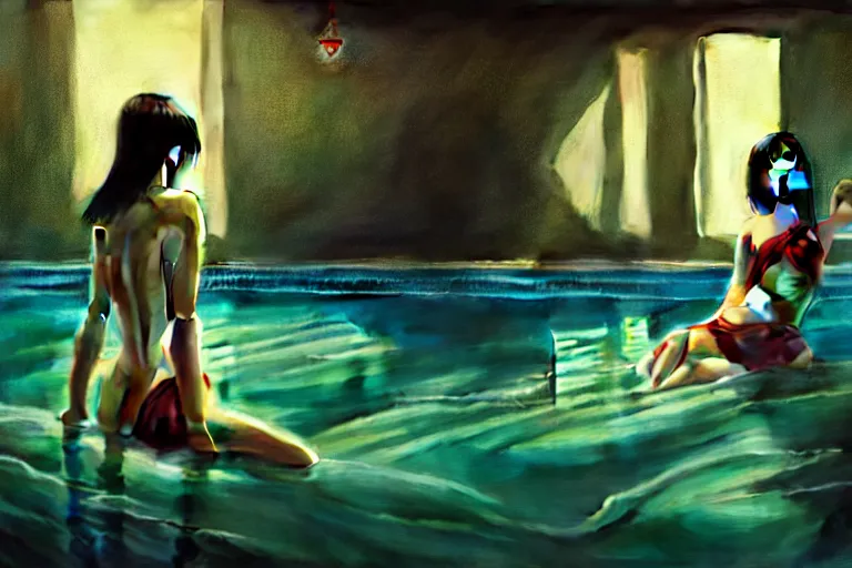 Image similar to Asian girls intertwined in a hallucinatory surreal dream, swimming pool, dark mood, John Singer Sargant, by Bastien Lecouffe-Deharme, Gustav Klimt, Adrian Ghenie Edward Hopper, trending on artstation, 4k, 8k, HD