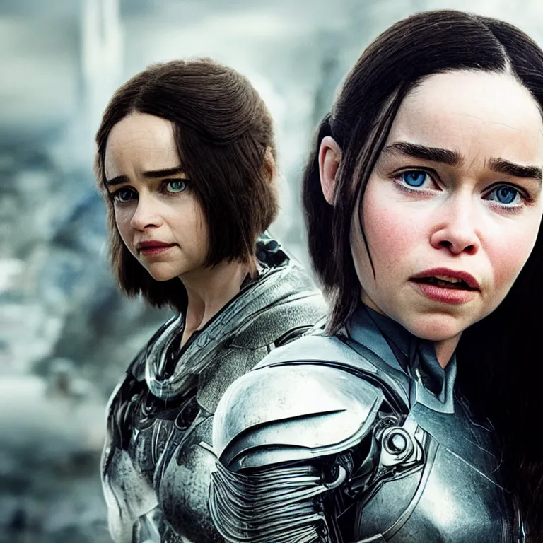 Image similar to scifi emilia clarke looks like alita battle angel, elegant lady, big eyes, smiling face, extremely high detail, extremely high detailed face, cyborg, photorealism, emilia clarke, sony a 7 r