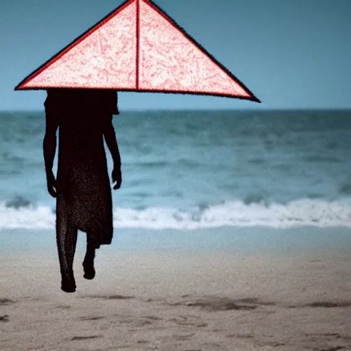 Image similar to pyramid head walking on the beach, realistic