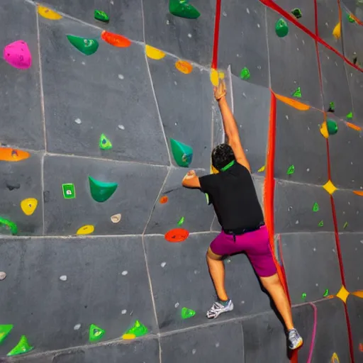 Image similar to obese saddam hoessein climbing wall, extreme sport
