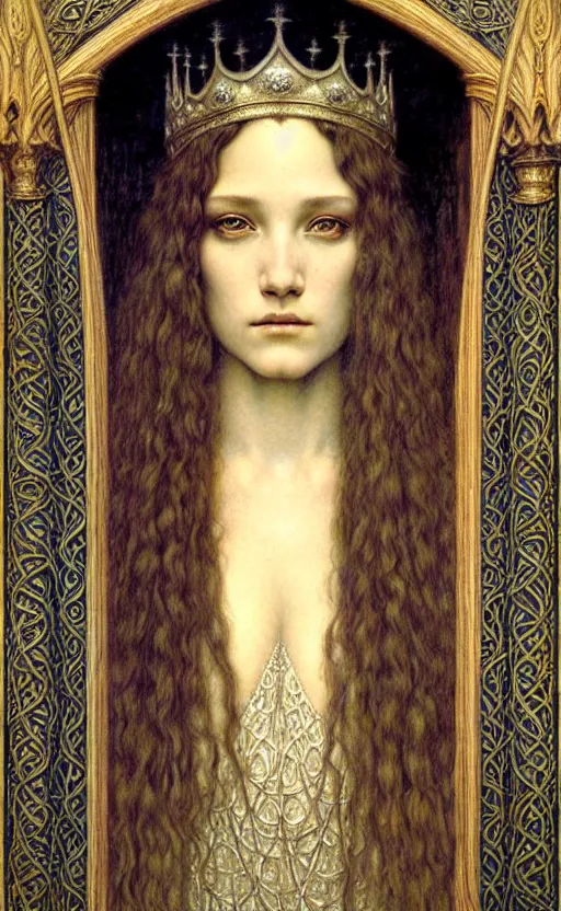 Image similar to detailed realistic beautiful young medieval queen face portrait by jean delville, gustave dore and marco mazzoni, art nouveau, symbolist, visionary, gothic, pre - raphaelite. horizontal symmetry