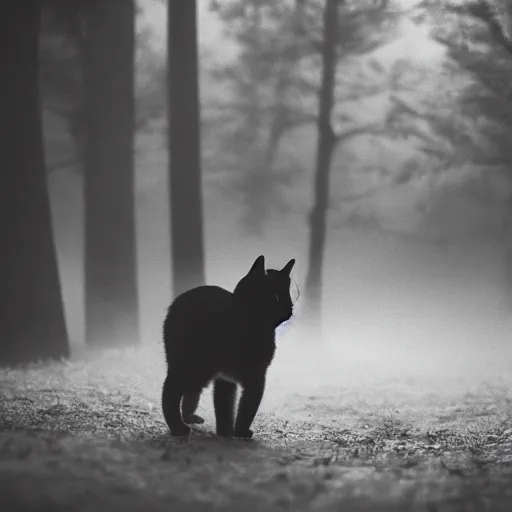 Image similar to a cat walks alone through the woods at night, gloomy, dark, foggy, night, ominous, dark color, atmospheric, cinematic lighting, intricate detail?