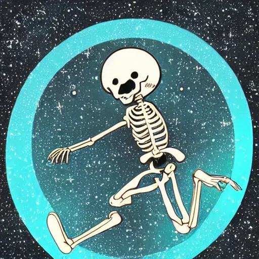 Prompt: an illustration of a glowing skeleton character dancing in space. drawn in a vintage anime style. lofi aesthetic, grain