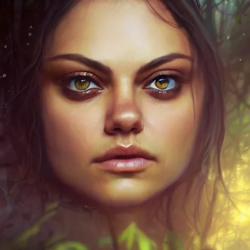 Image similar to a beautiful closeup portrait of mila kunis, magical forest background, serene colors, dramatic light, gorgeous view, depth, high detail, digital art, painted by seb mckinnon and greg rutkowski, trending on artstation