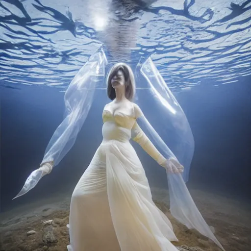 Image similar to photo by mort kunstler and annie leibovitz and monia merlo, a woman wearing a giant inflated clear plastic dress containing an aquarium, backlit, 4 d, 4 k, volumetric lighting, photorealistic, light ray, hyperdetailed