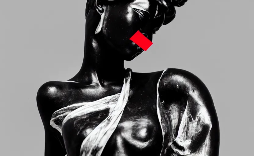 Image similar to extremely beautiful female black marble statue in the style of virgil abloh, colorful motocross logos behind her, sharp focus, clear, detailed,, cinematic, detailed, off white, glamourous, symmetrical, vogue, editorial, fashion, magazine shoot, glossy