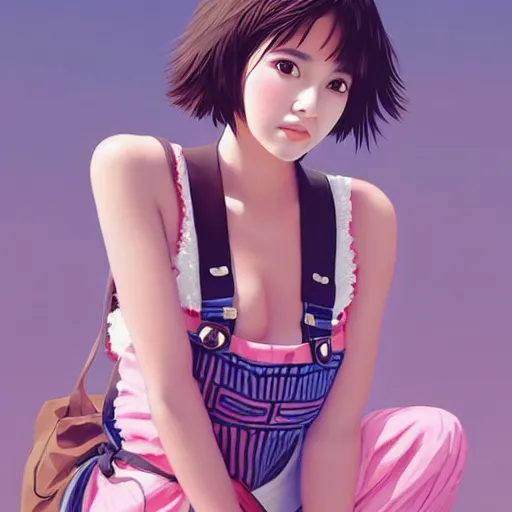 Image similar to a beautiful young japanese natalie portman alluring gravure model, wearing elegant designer overalls, elegant overalls with mesoamerican patterns, mesoamerican native street fashion, princess mononoke, by and wlop and ilya kuvshinov and artgerm and, aesthetic, gorgeous, stunning, alluring, attractive, artstation, pinterest, digital art