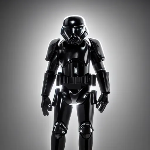 Image similar to a black armored stormtrooper, 8 k, cinematic lighting, shallow depth of field, raytracing,