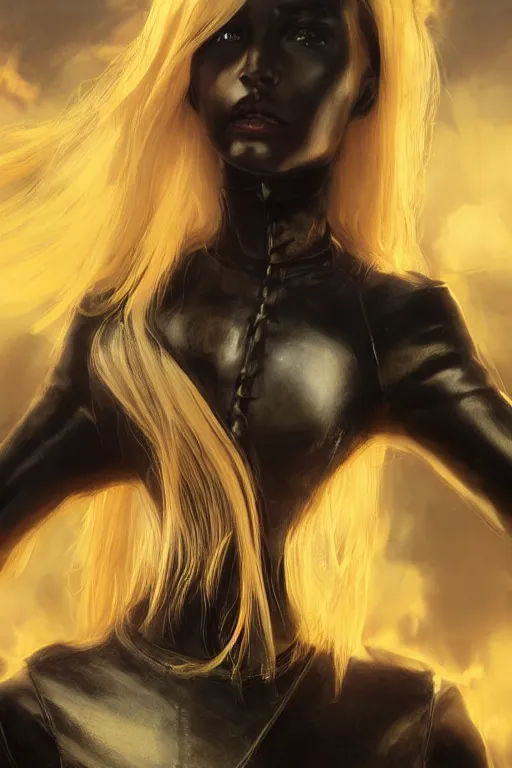 Prompt: girl with yellow hair in a black leather dress in a medieval city, digital art, pose, character art, close - up, beautiful girl, by artgerm, by greg rutkowski, by wlop, photorealism, octane render, cinematic, anime style