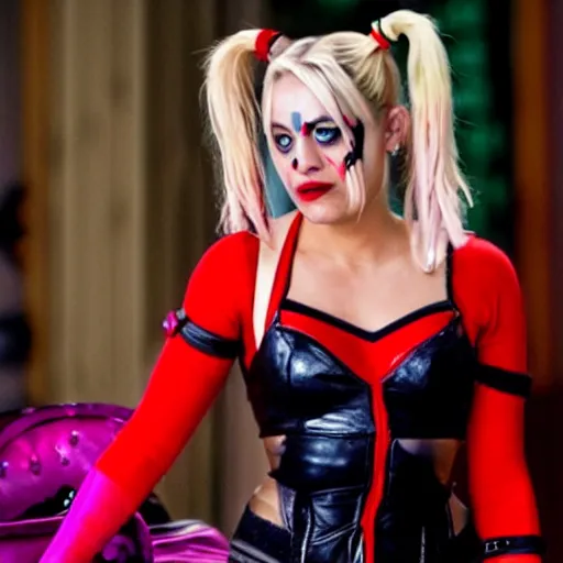 Image similar to A still of Kaley Cuoco as Harley Quinn