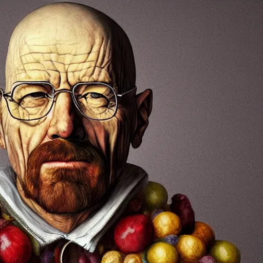 Image similar to giuseppe arcimboldo walter white, covered with fruits, unreal engine