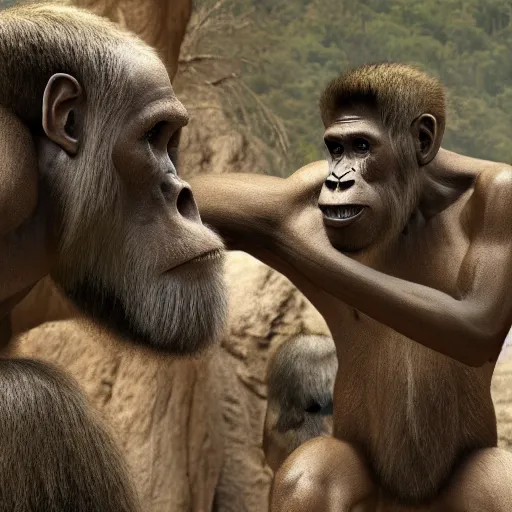 Prompt: Homo habilis meeting modern scientist, field researcher, proto-humans, 2022 photograph, award-winning photo