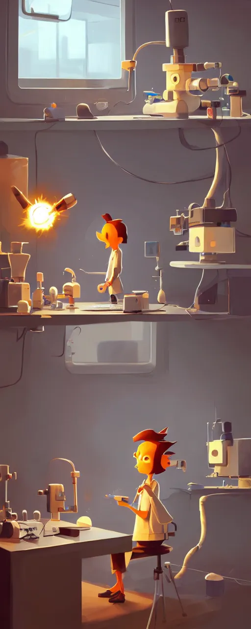 Image similar to goro fujita ilustration a science laboratory in a game dev studio office, explosion in the laboratory, small sparkles from computers, painting by goro fujita, sharp focus, highly detailed, artstation