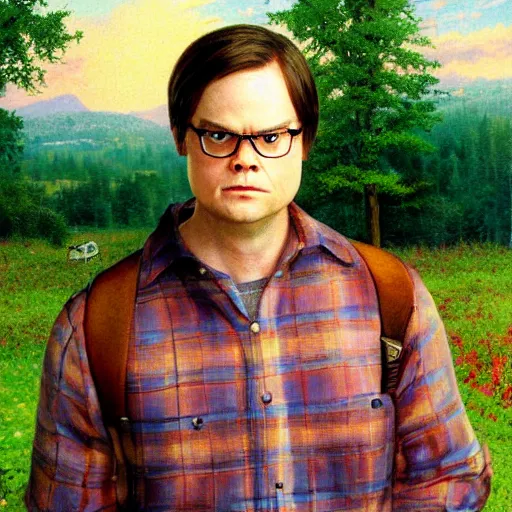 Prompt: Dwight Schrute in a field painting by Thomas Kinkade