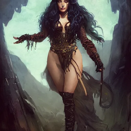 Prompt: a villainous, bewitching sorceress, auburn outfit, black hair, curvy crossfit build, fantasy character portrait by greg rutkowski, gaston bussiere, larry elmore