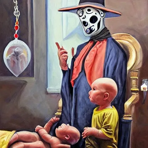 Image similar to hyper realistic painting of a handsome man symmetrical, sitting in a gilded throne, tubes coming out of the man's arm, getting a blood transfusion from a baby. plague doctor in the background created by mike allred