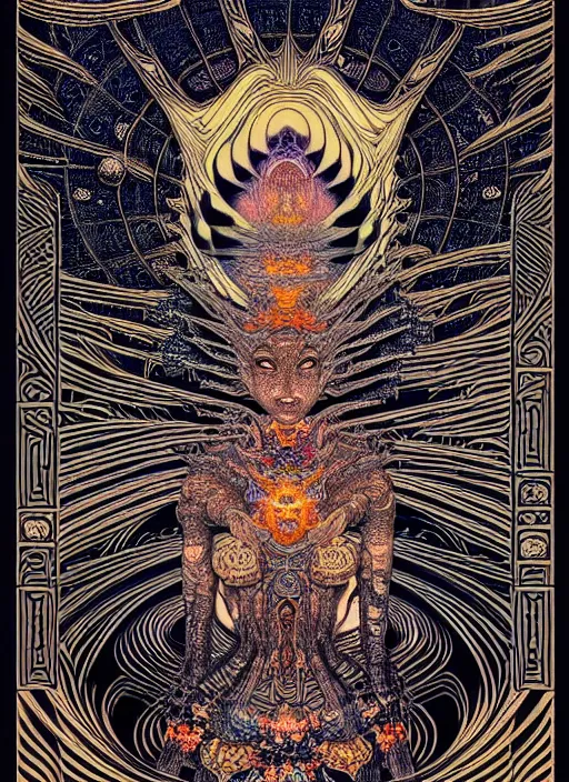 Prompt: detailed mighty dmt goddess, by hokusai and james gurney + black paper with intricate and vibrant dmt line work + tarot card + mandelbulb fractal + full of silver layers + portrait + trending on artstation + incredible dmt and black gothic illustration + exquisite detail