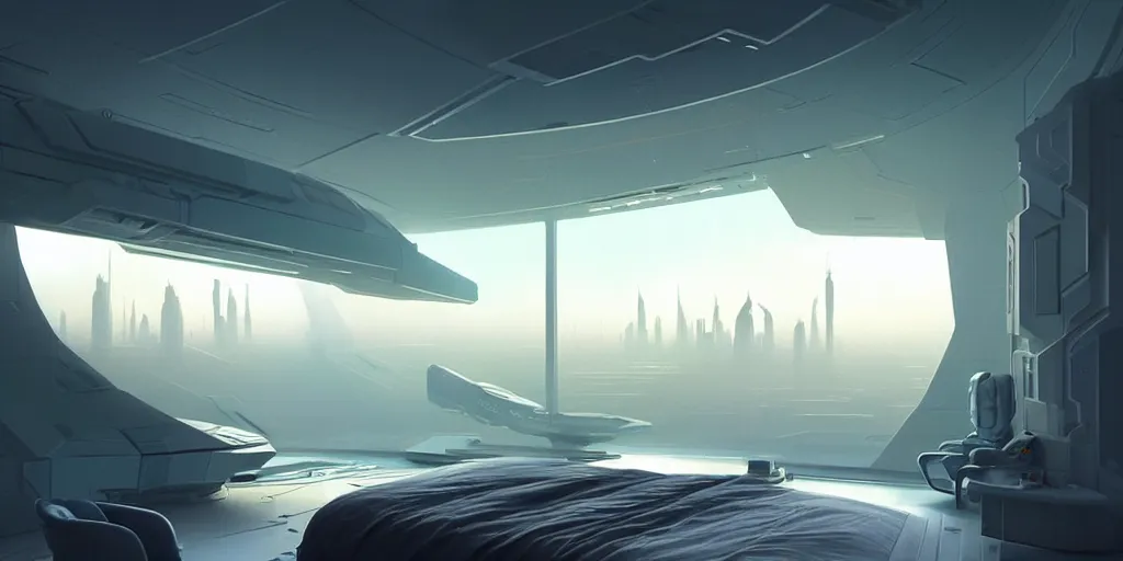 Prompt: a gorgeous sci - fi bedroom matte painting by john harris, sparth and greg rutkowski. sharp edges, tiffany blue, grey orange, white and golden. sci - fi bedroom in a space base, outside the windows a future city skyline, light effect. ultra clear detailed, 3 d, octane render. 8 k