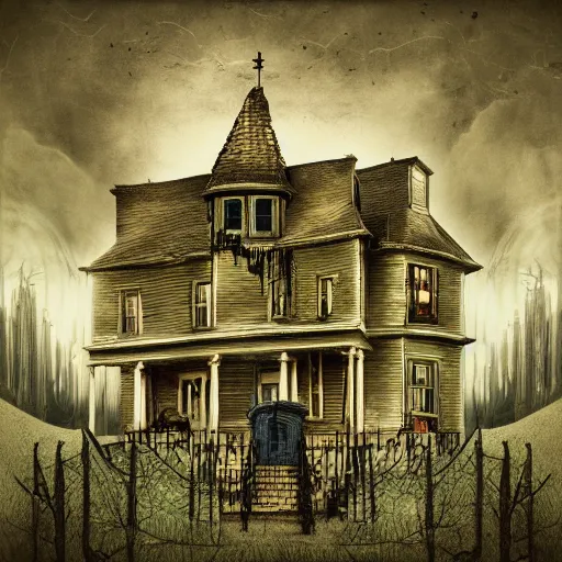 Image similar to creepy album art by chris bilheimer of a haunted house, surreal, 8 k