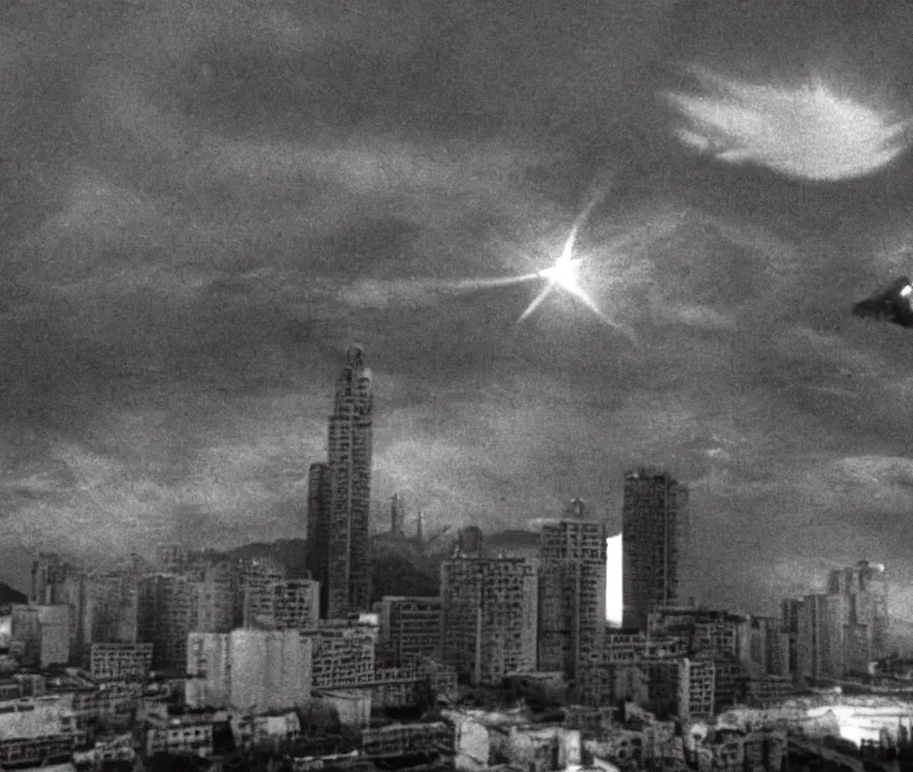 Image similar to Pulgasari the North Korean starfish monster destroying Pyongyang city, volumetric lighting, filmstill, produced by Kim Jong-il, Kodachrome, kaiju-eiga, monster! movie, communist propaganda, film noir, 35mm film grain, Cooke Varotal 20-100mm T3.1, in the style of Ishirō Honda and Stanley Kubrick