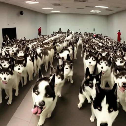 Prompt: a room filled with hundreds of huskies