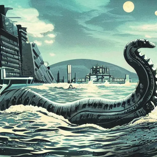 Image similar to the loch ness monster swimming through a retrofuturistic atompunk underwater city