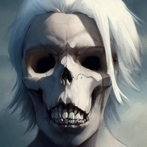Prompt: boy with white hair holding skull, by makoto shinkai, greg rutkowski, artstation, high detailed, cgsociety,