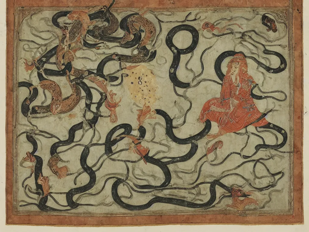 Prompt: Portrait of a young mystic dressed in white with a giant snake, thunderstorm. Clear, high contrast Mughal miniature.