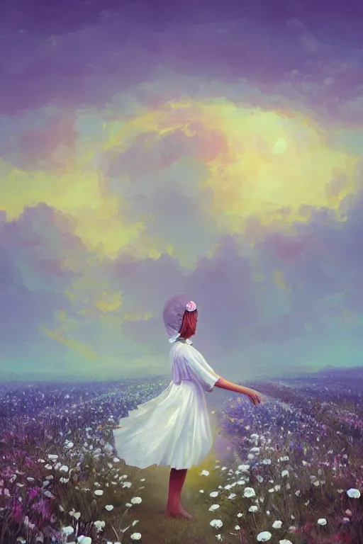 Image similar to giant white daisy flowers as head veil, girl walking in a flower field, surreal photography, sunrise, dramatic light, impressionist painting, colorful clouds, digital painting, artstation, simon stalenhag