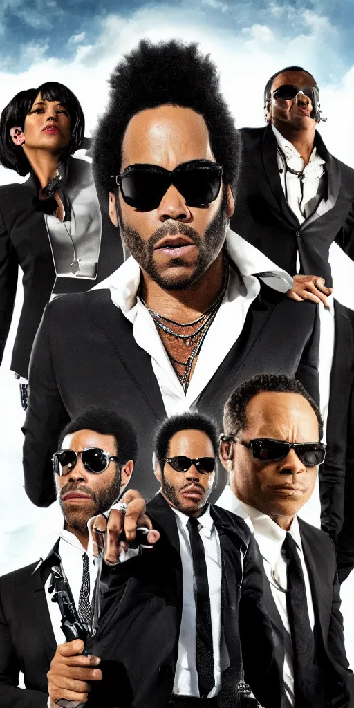 Image similar to lenny kravitz as men in black agent, only one head on the picture, dynamic movie still, detailed 8 k photorealistic portrait, imdb poster style