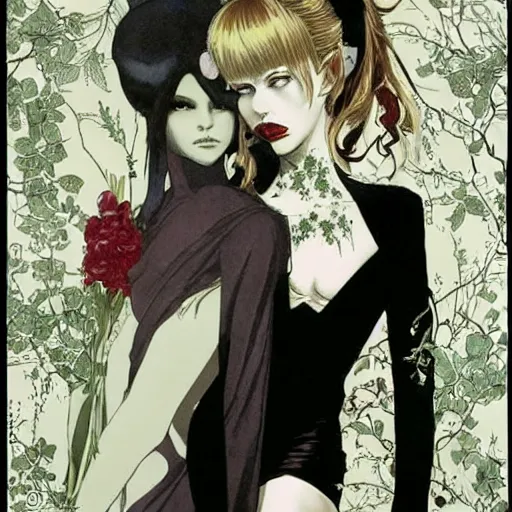 Image similar to symmetrical pretty elegant brigitte bardot as a vampire with friend, very detailed style of takato yamamoto lots of flowers