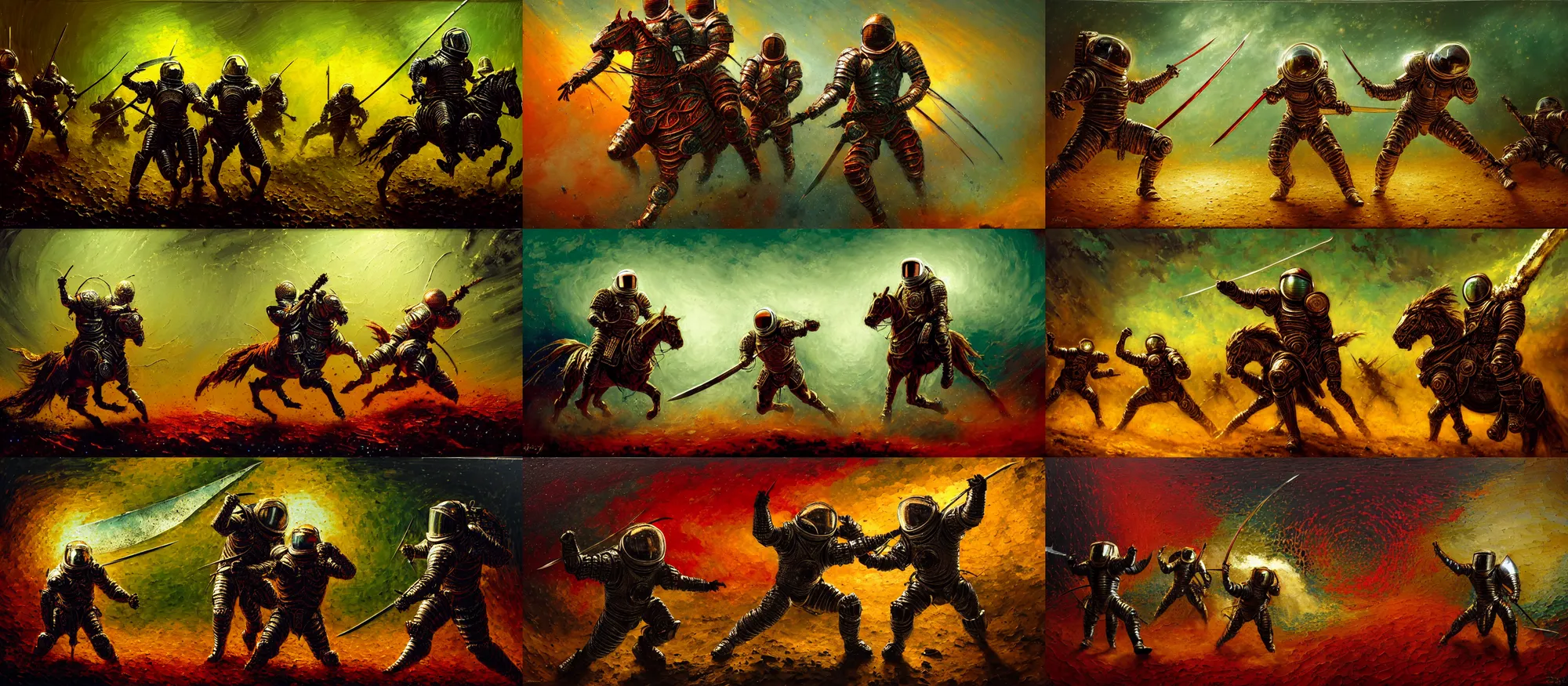 Prompt: battle scene, knight - astronauts, swords, fractal armor, girih, bargello, luminist, tonalism, dramatic lighting, action scene, palette knife, frenetic, chiaroscuro, figurative art, detailed, proportions, spatter, dust, atmospheric, volumetric lighting, venetian red, raw sienna, sage green