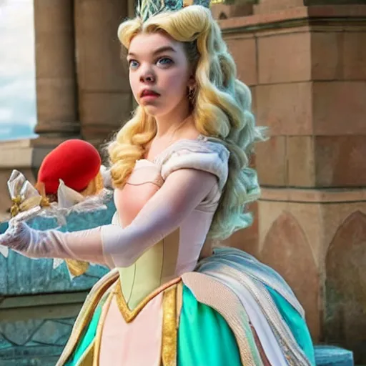 Image similar to Anya Taylor-joy as princess peach from Mario