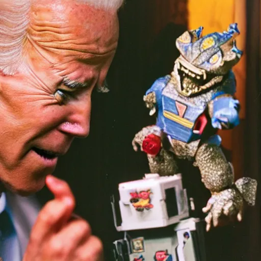 Image similar to joe biden, master splinter holding a megazord battling krang inside abandoned dollhouse, 35mm film