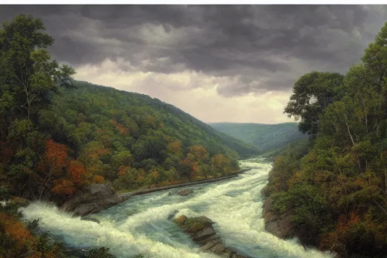 Image similar to two rivers converge to form one larger river, appalachian mixed mesophytic forest, roiling thunderstorm sky background, by Cortes Thurman the greatest Barbizon artist ever known and by Joe Jusko, rendered in hyperdetailed Ultra HD, trending on ArtStation, luminous