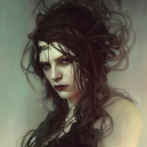 Image similar to dark goth queen, dark fantasy, hyperrealistic portrait, art of elysium by jeremy mann and alphonse mucha, fantasy art, photo realistic, dark, dynamic lighting, artstation, ginger hair, volumetric lighting, very detailed face, 4 k, award winning