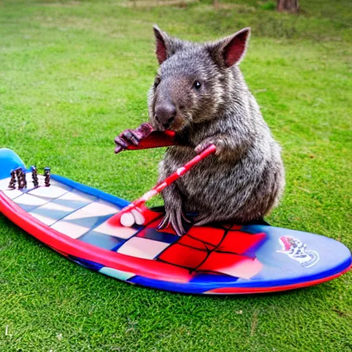 Prompt: wombat playing chess on a spiderman painted paddle ski