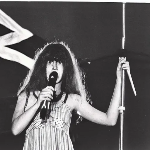 Image similar to 1 9 - year - old girl in a traditional doom metal band, new wave of british heavy metal, live in concert, live 1 9 8 6, united kingdom flags, union jack, playing electric guitar, headbanging crowd of longhairs, audience of longhairs, super 8 mm, grainy photo, colorized