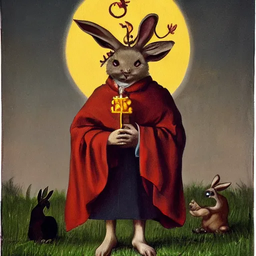 Image similar to priest holding a bunny, bunny has big fangs, priest has ram horns, oil painting