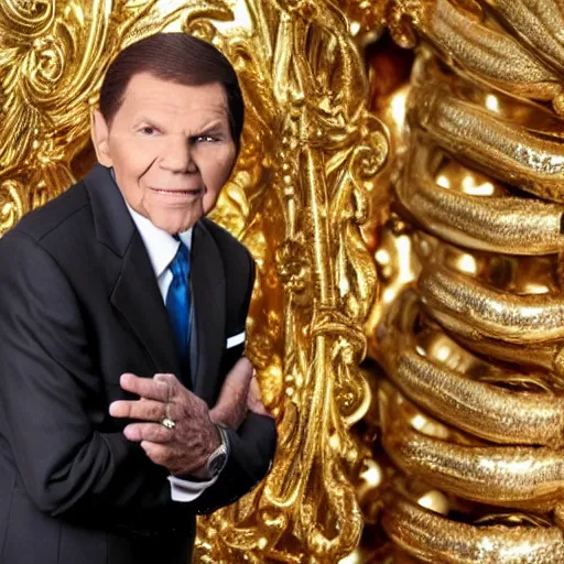 Image similar to kenneth copeland on his knees praying, surrounded by gold and money