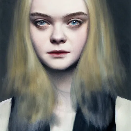 Prompt: professional painting of Elle Fanning in the style of David Fincher, head and shoulders portrait, symmetrical facial features, smooth, sharp focus, illustration, intricate, stormy weather, extremely detailed masterpiece,